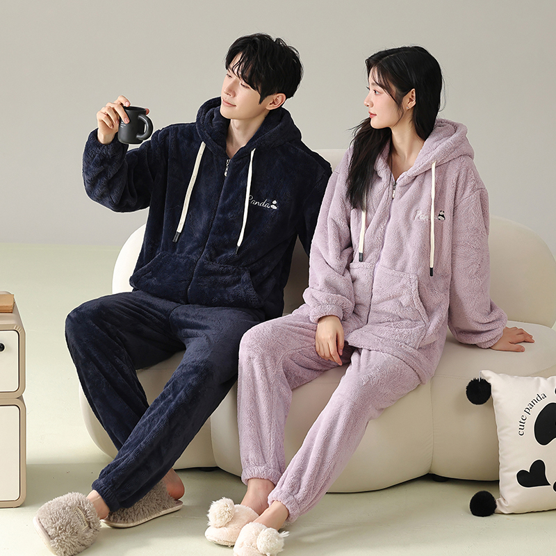 花花公子情侣款睡衣男女秋冬季加绒保暖可外穿休闲长袖长裤家居男高清大图