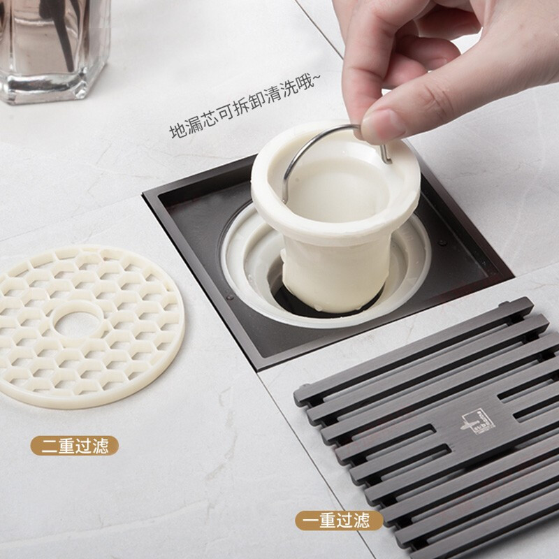 潜水艇全铜地漏防臭枪灰色洗衣机卫生间隐藏式加长方形淋浴地漏防堵塞