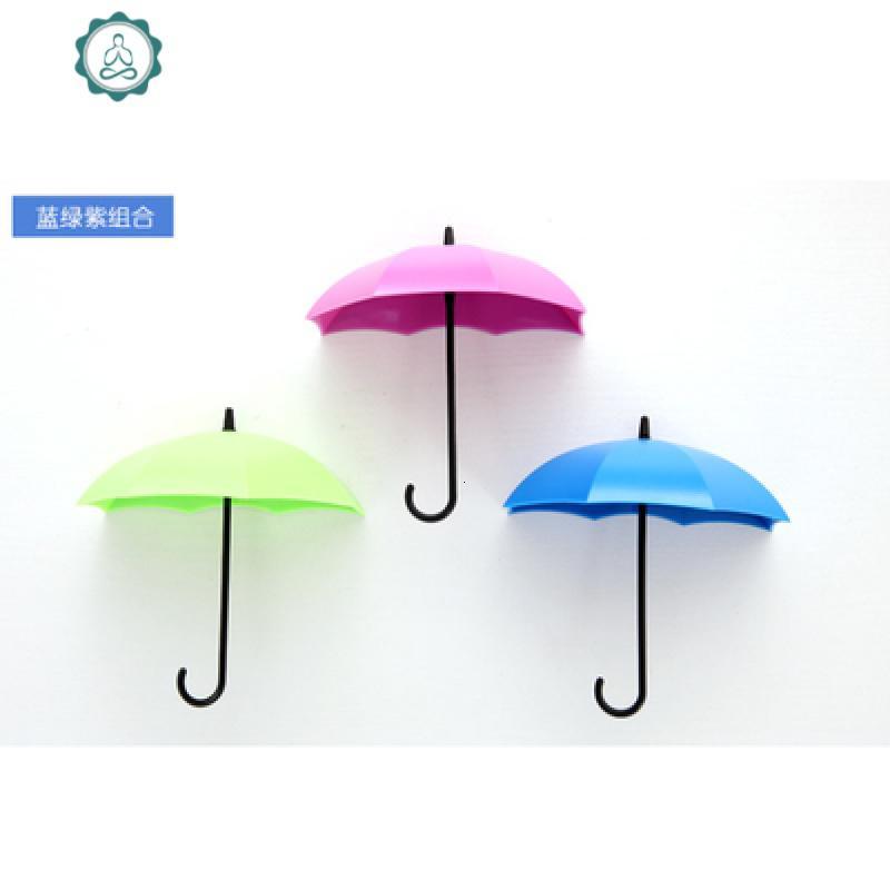 3d立体墙贴雨伞挂钩创意宿舍可爱壁挂装饰品网红自粘贴画免打孔 封后 绿蓝紫红黄粉6只装装饰挂钩