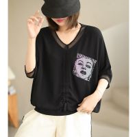 2021新款韩版V领T恤女夏休闲宽松显瘦烫钻半袖大码百搭短袖上衣女 V领烫钻黑色 M [100斤内]