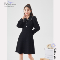 [2.5折价104元]唐狮黑色连衣裙春季新款女装肌理面料小黑裙长袖收腰显瘦裙子