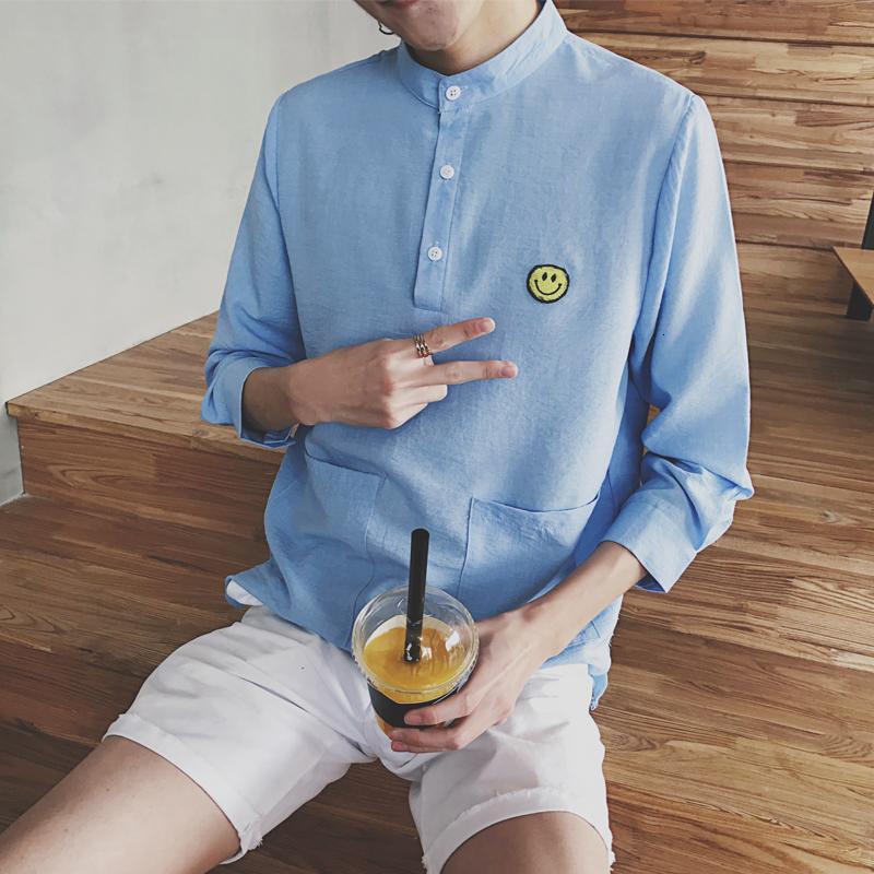 潮男春装个性日韩风韩版修身麻料衬衣青少年英伦七分袖衬衫男