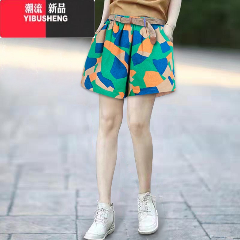 YIBUSHENG棉麻短裤女2024季新款大码休闲裤韩版高腰松紧印花阔腿哈伦裤高清大图
