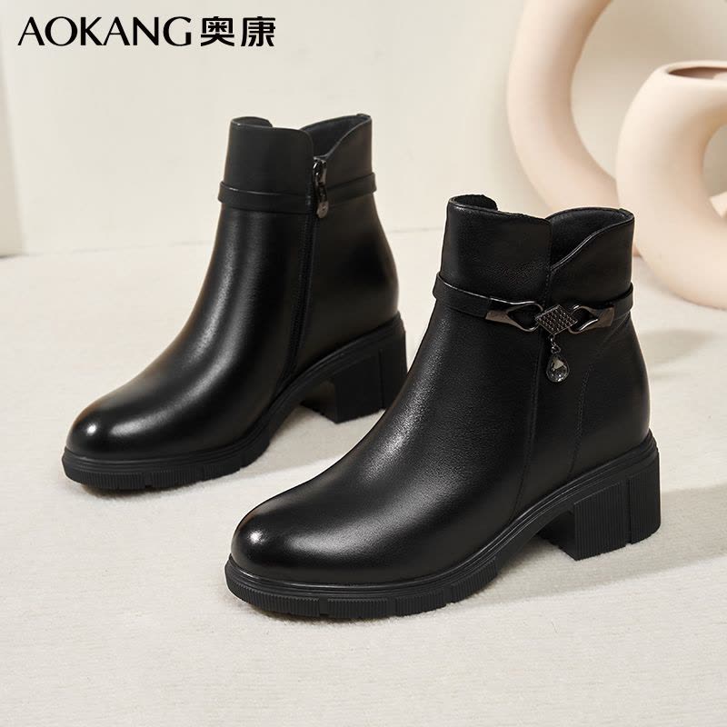 奥康女靴冬季加绒保暖休闲直筒靴牛皮高帮粗跟马丁靴女英伦复古短靴图片