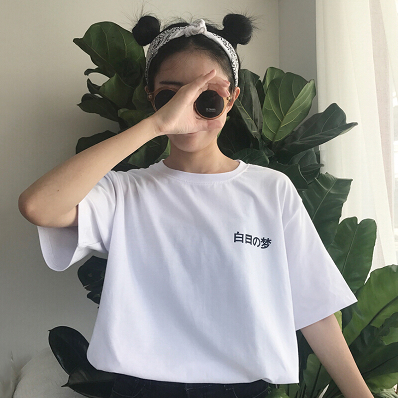 后背卡通头像短袖T恤女2018春夏新款韩版学生宽松打底衫上衣白色均码