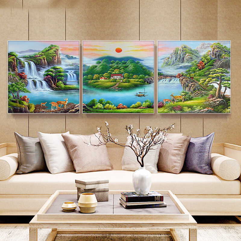 客厅装饰画聚宝盆风景山水画风水招财靠山沙背景墙画中式背景壁