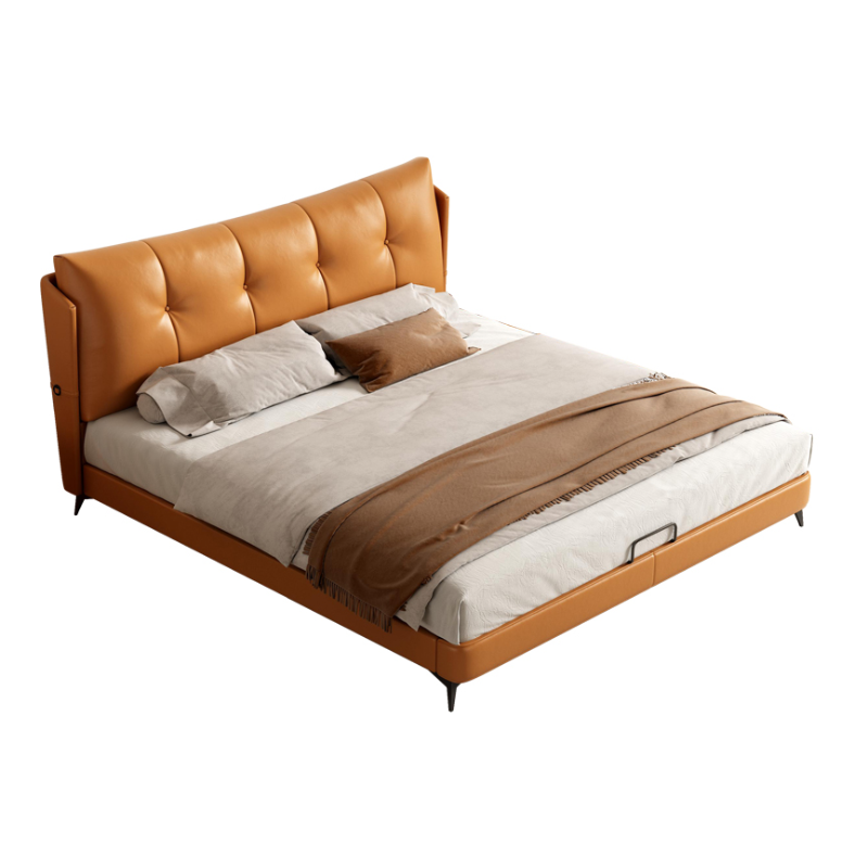 布雷尔现代简约真皮床小户型方形床意式极简轻奢主卧室双人储物床