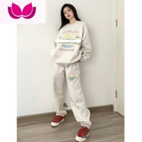七斓美式炸街运动服套装女春季ins宽松显瘦卫衣卫裤休闲套b动 XXL码建议145165斤 灰色加绒两件套