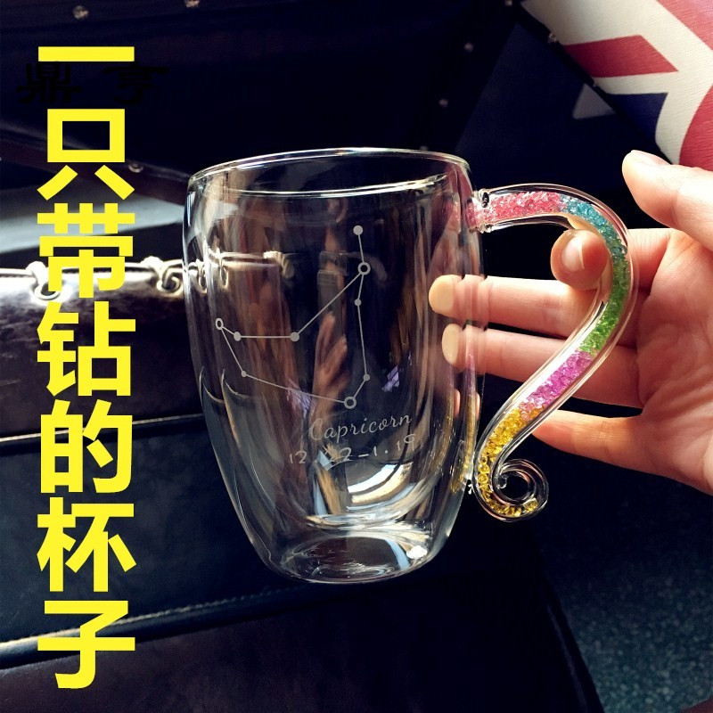 鼎亨定制星座情侣玻璃杯燕麦大容量马克杯带盖勺ins咖啡杯钻简约
