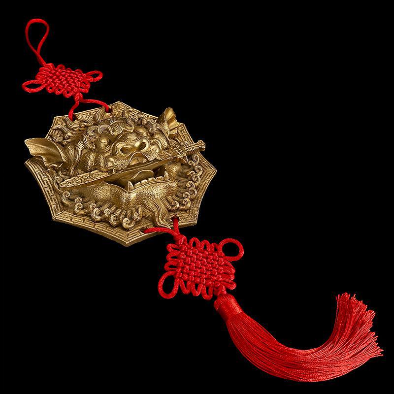美帮汇铜狮子头摆件睚眦咬剑铜兽首口挂饰饰八卦铜狮咬剑高清大图