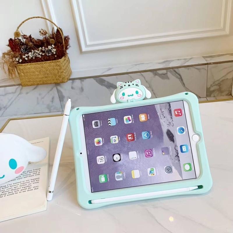 卡通2019款iPad10.2寸保护套iPad9.7寸防摔MINI4/5笔槽air2硅胶壳 薄荷绿-猫支架硅胶套 min