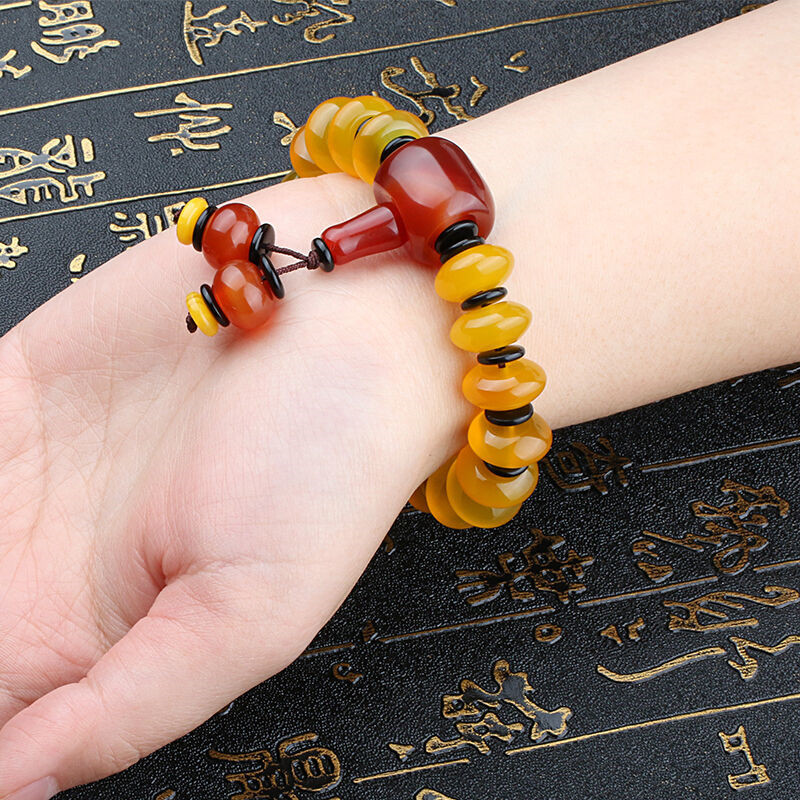 黄玛瑙手链平安扣佛珠黄玉髓红玛瑙三通念珠手链手串带证书送女朋友