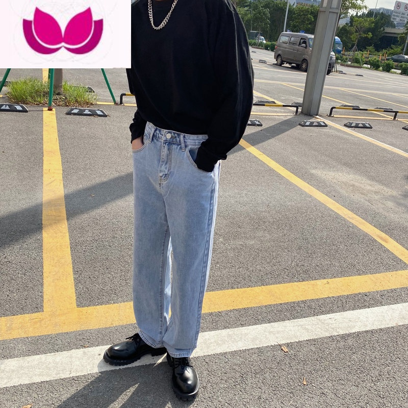 七斓XMOB 基础浅色牛仔裤男宽松直筒长裤阔腿休闲裤男韩版潮流男女款