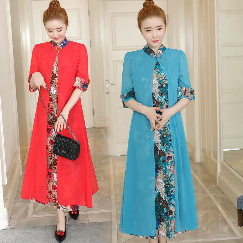 2018春装新款大码女装民族风印花拼接连衣裙假两件胖妹妹mm中长款图片