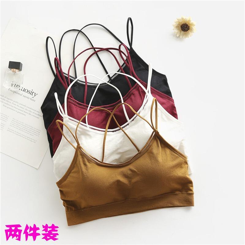 黑棉质抹胸裹胸薄款背带背心式打底文胸内衣2件白均