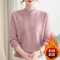 新款女士针织衫妈妈装加绒加厚冬季打底衫40-60岁中老年人毛衣女 2XL(建议105-120斤） 粉色上衣