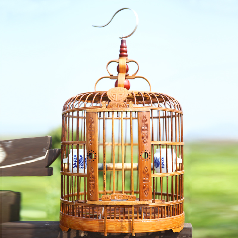 生头画眉鸟笼竹精品全套配件贵州手工刻老竹八哥鸟笼子竹制大号高清大图