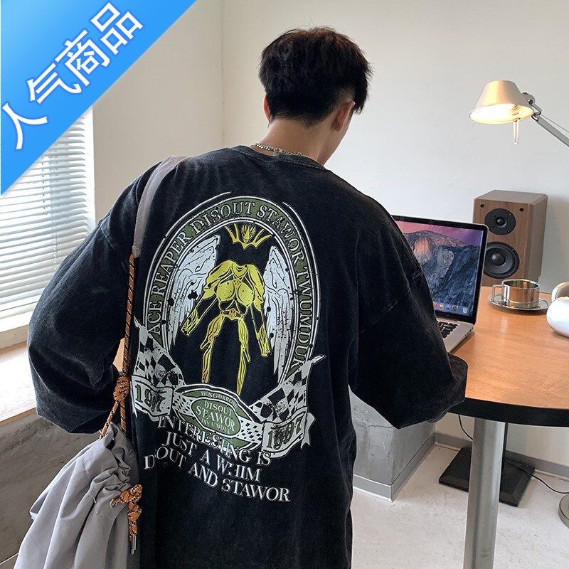 喻娄水洗做旧长袖t恤男秋季美式复古卫衣vintage潮牌嘻哈外套T恤