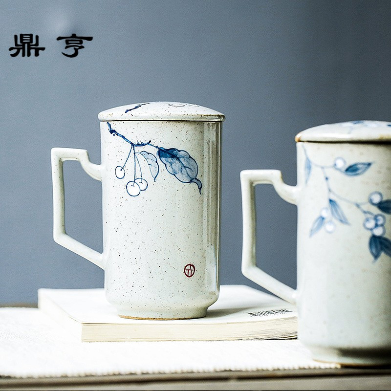 鼎亨景德镇青花复古陶瓷马克杯手绘茶杯中国风创意陶瓷杯子带盖带