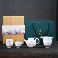 常生源 茶具套装 功夫茶具茶壶茶盘整套羊脂玉白瓷珐琅彩带竹木茶盘 茶忆潮海茶具套组