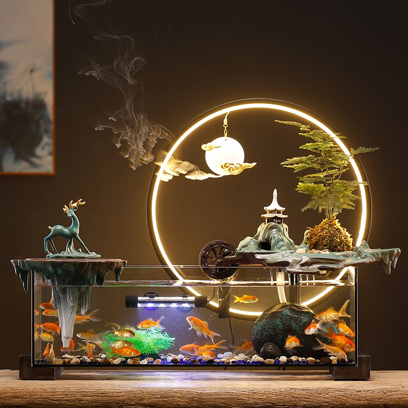 招财流水循环玻璃鱼缸米妮家居客厅电视柜装饰轮摆件乔迁新居礼品