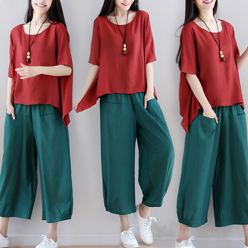 阔腿裤套装夏季新款大码宽松休闲棉麻套装女亚麻九分裤时尚两件套红色