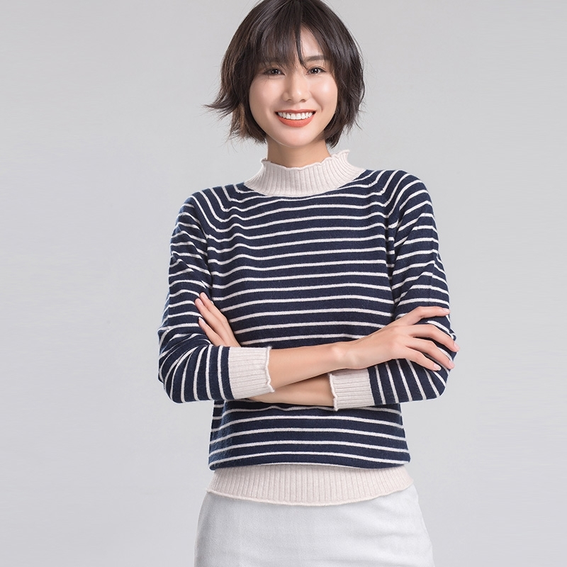 2017秋冬季新款羊绒衫女装半高领修身彩条韩版加厚套头针织衫
