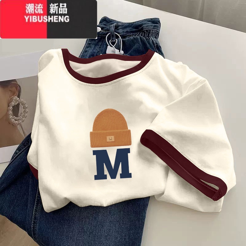 YIBUSHENG季拼接撞色短袖t恤女韩版显瘦学院风百搭多巴胺t恤女上衣服高清大图