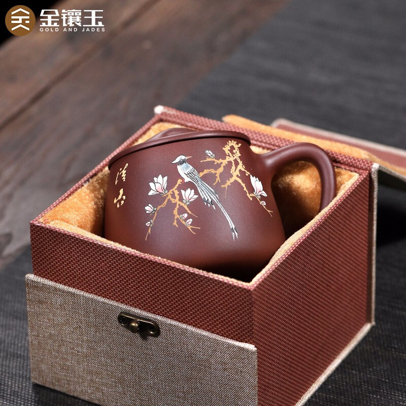 金镶玉 史文俊鹊喜杯 宜兴紫砂杯茶杯泡茶杯茶具办公品茗石瓢盖杯 500ml高清大图