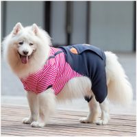 大狗狗衣服秋冬装新年珊瑚绒保暖款金毛哈士奇四脚加厚加绒服装 玫红条纹背带小熊 2XL合适10-13斤狗
