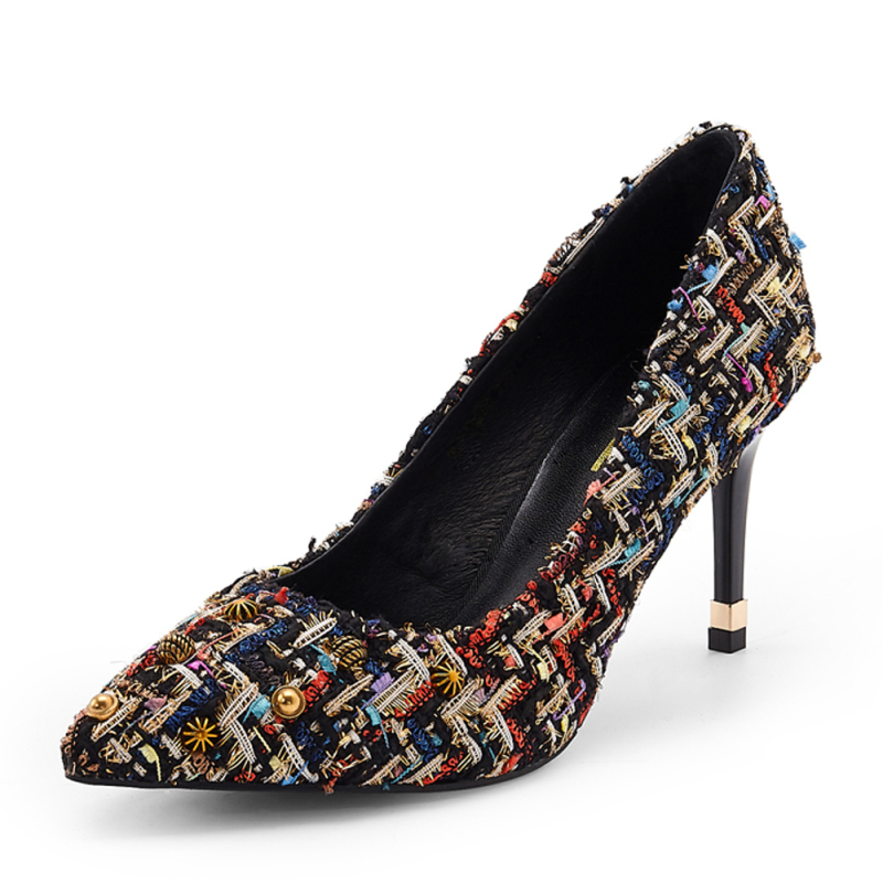 belle百丽新款高跟58厘米细高跟五彩布复古雅韵尖头女单鞋00829cq8