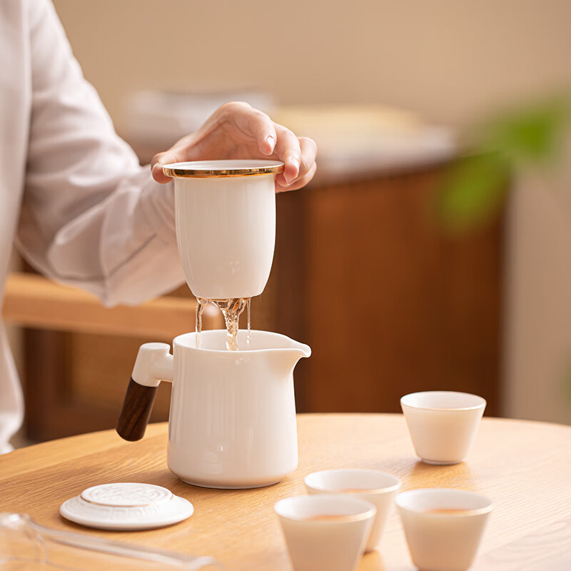 苏氏陶瓷(SUSHI CERAMICS) J1033 羊脂玉瓷手柄快客杯-茶杯茶壶 6件套 (单位:套)高清大图