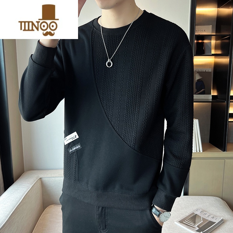 YANXU白色圆领卫衣男士2023秋季新款潮牌拼接设计感男生纹理感秋装上衣高清大图