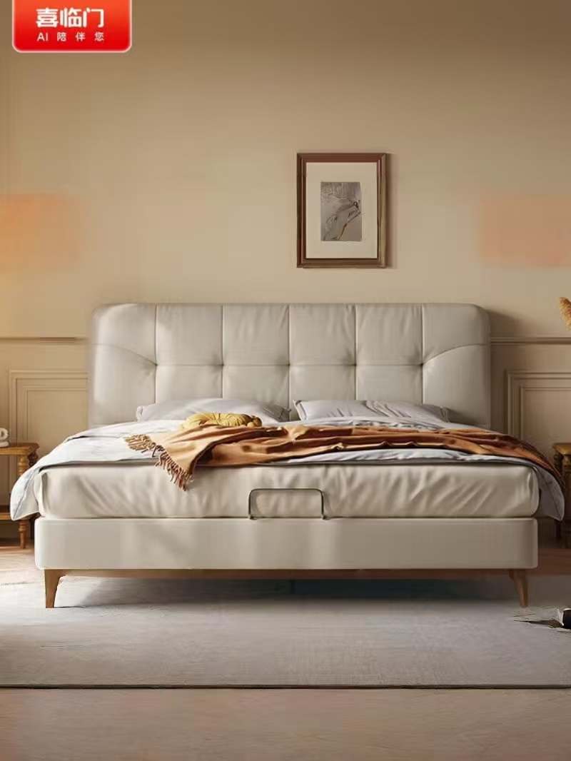 喜临门 - 绵绵 皮床 轻法式奶油风极简家具实木脚排骨架双人床 头层牛皮高清大图
