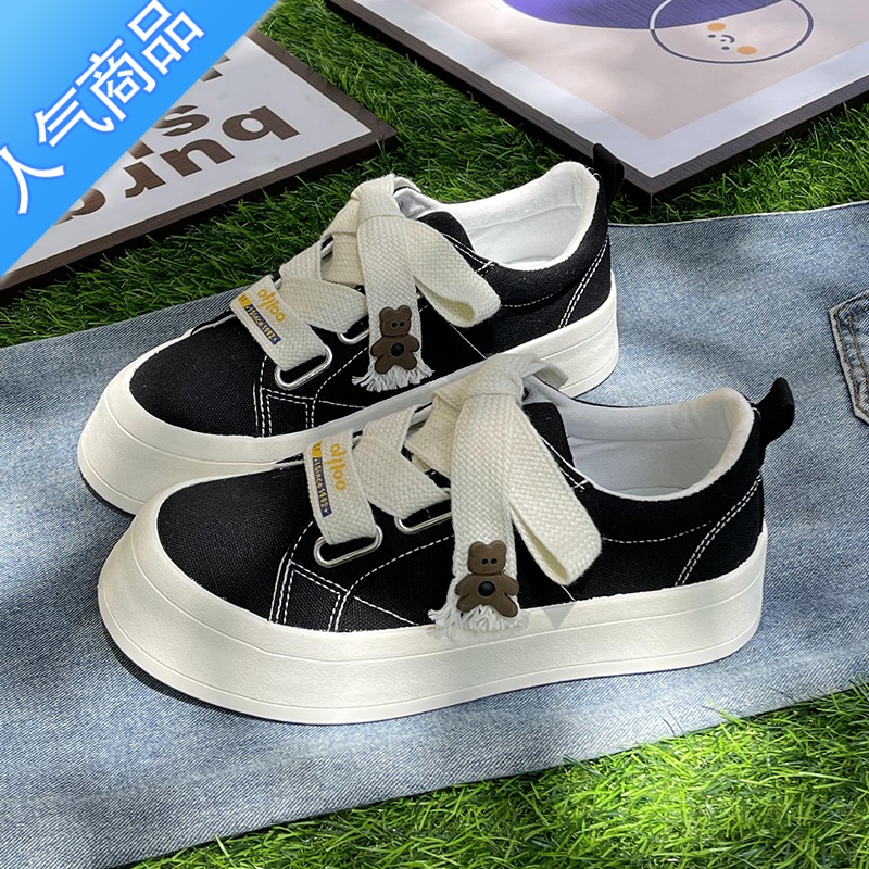 SUNTEK帆布鞋女2023夏季新款小众原创百搭小熊小白鞋厚底休闲运动板鞋子高清大图