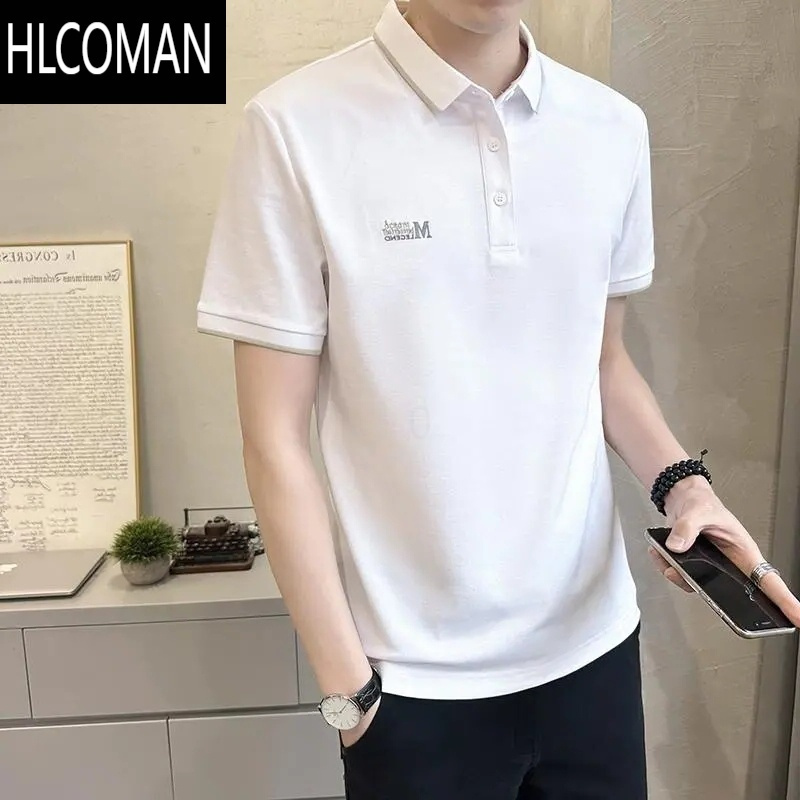 HLCOMAN翻领短袖T恤男士夏装2024新款潮流修身潮牌刺绣衫男半袖上衣