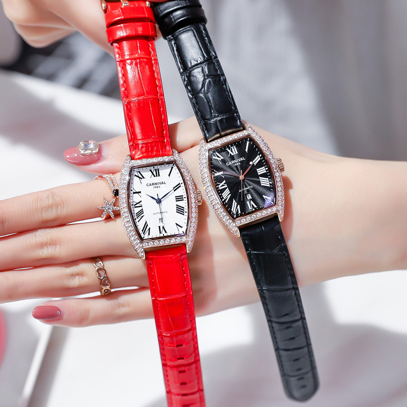正品嘉年华Carnival手表女士全自动机械表 女表时尚潮流防水镶钻日历表真皮名牌女表新款酒桶腕表8857高清大图