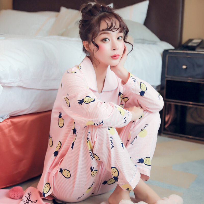 韩版长袖睡衣女春秋季全棉开衫家居服女冬天全棉加大码休闲套装夏8788枫叶
