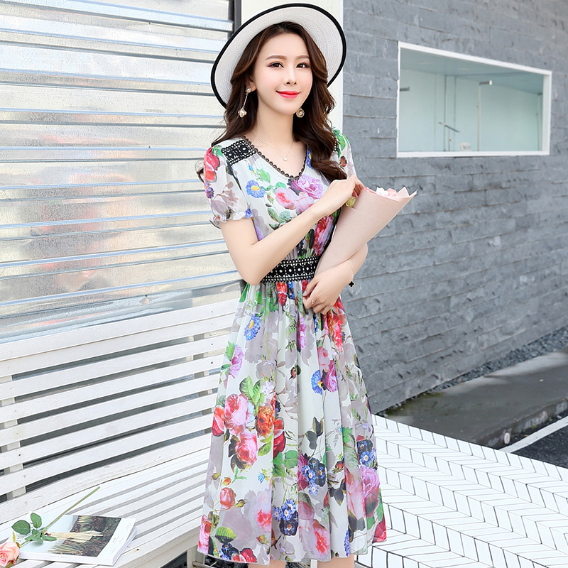 夏天碎花雪纺连衣裙女士新品女装夏装韩版淑女中长款甜美印花裙子