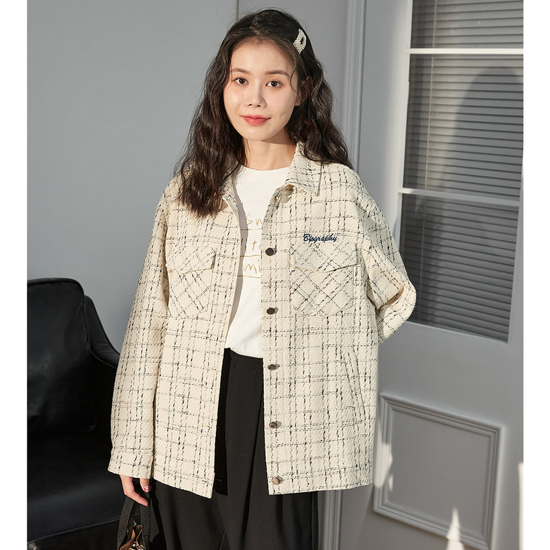 唐狮秋冬季新款外套女韩版宽松格子小香风衬衫开衫设计感上衣