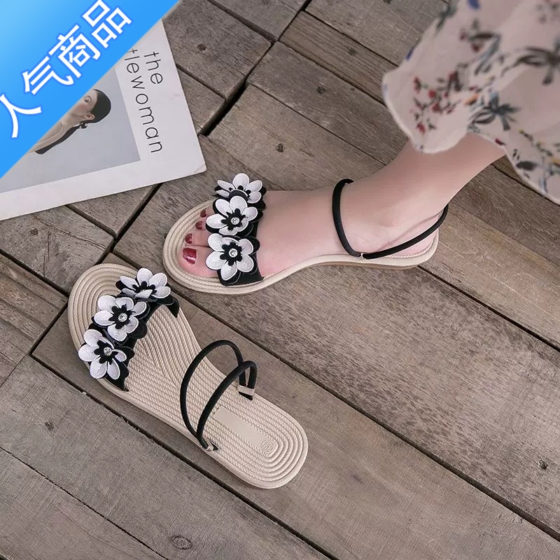 SUNTEK仙女风两穿凉鞋女夏季花朵2023年新款平底一字凉拖鞋外穿沙滩鞋女高清大图