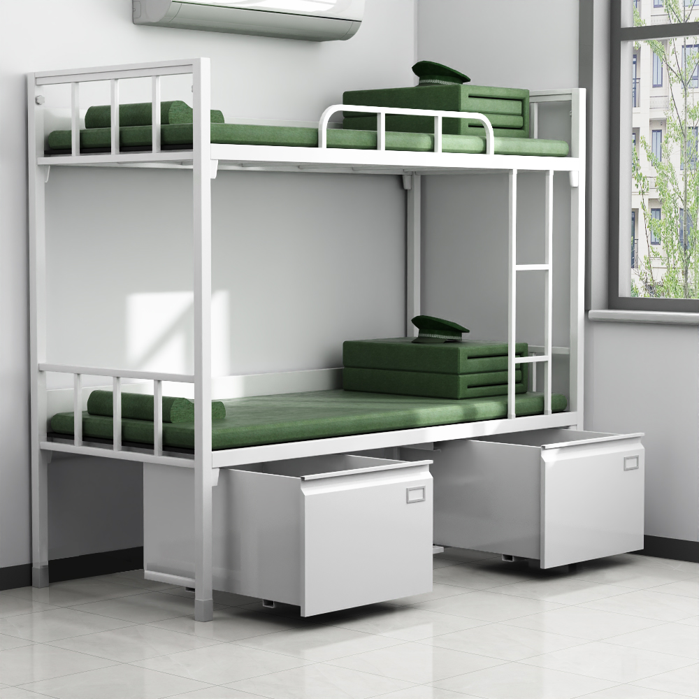 富路达钢制双层床士兵上下铺军营宿舍铁架床班用内务双人床带鞋柜高清大图