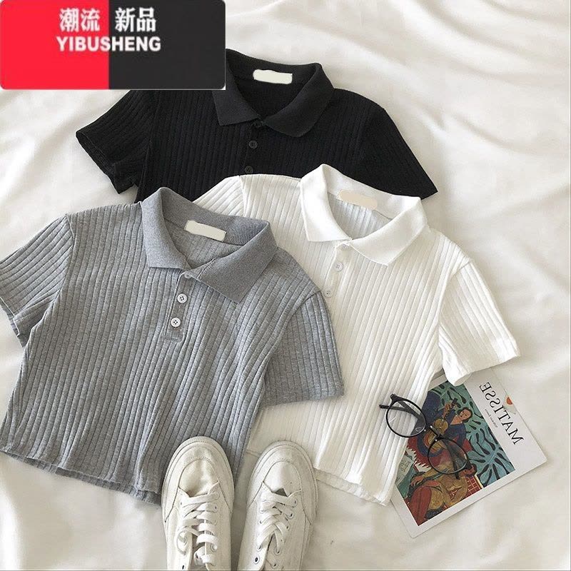 YIBUSHENGins火polo领短袖t恤女天高腰短款修身显瘦半袖上衣坑条打底衫图片