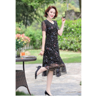 连衣裙中年妈妈2021夏季新款气质减龄碎花短袖大码女装长裙子_黑色_3XL建议130-140斤
