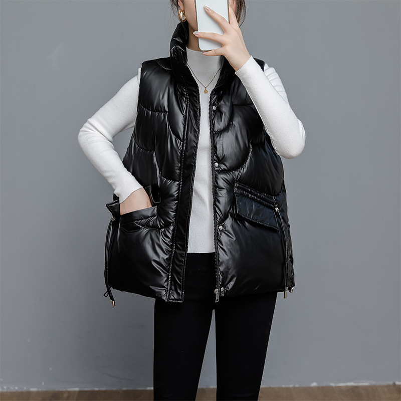 秋冬亮面马甲背心女中短款韩版宽松坎肩时尚ins立领免洗马夹外套