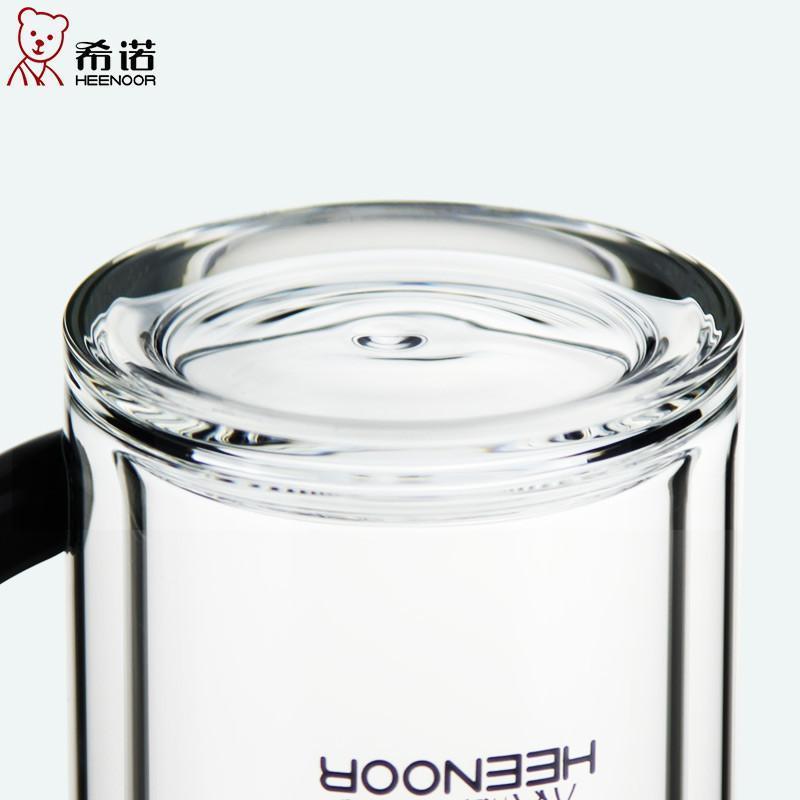 希诺(HEENOOR)双层玻璃杯耐热防烫商务带手柄办公玻璃水杯 男士过滤带盖茶水杯