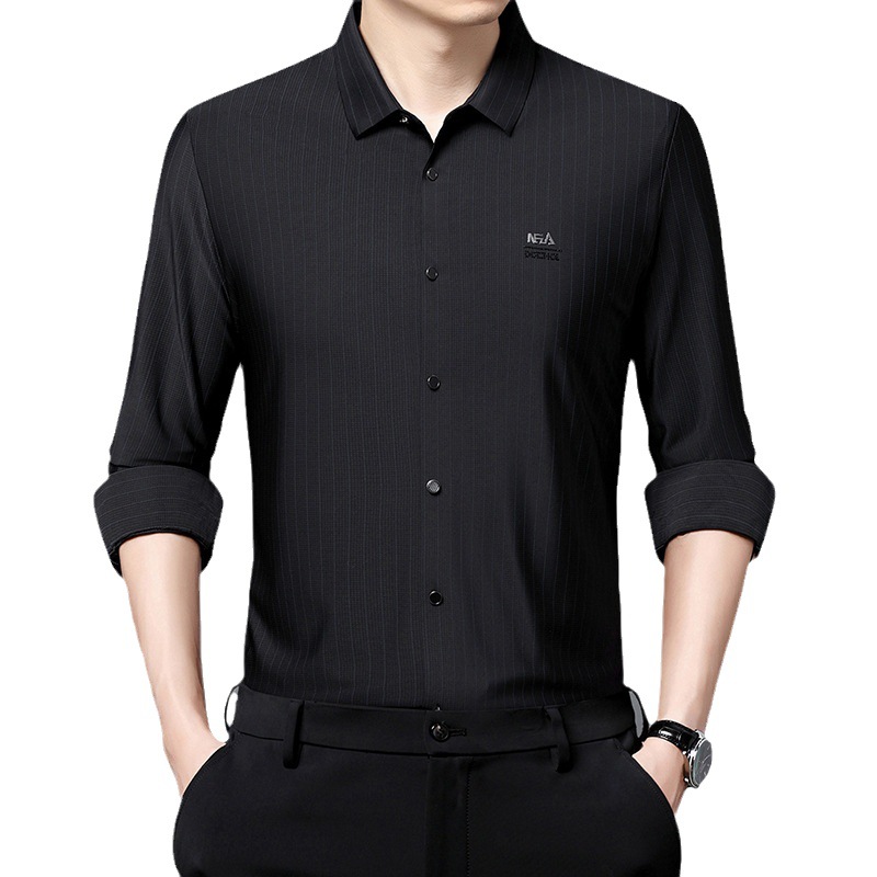 秋季新款长袖衬衫男款条纹中年爸爸装商务透气打底衬衣男士高清大图