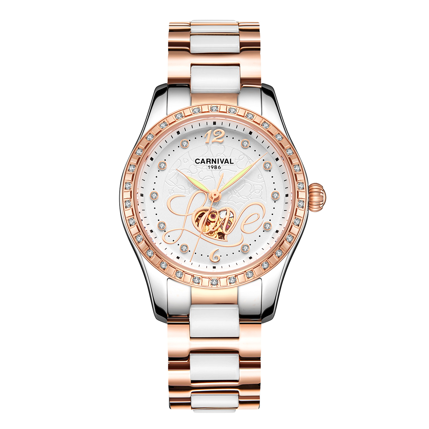 新款正品瑞士嘉年华CARNIVAL手表女士陶瓷全自动机械表 女表优质机芯时尚夜光防水镶钻镂空表H8759G 玫金白面陶瓷