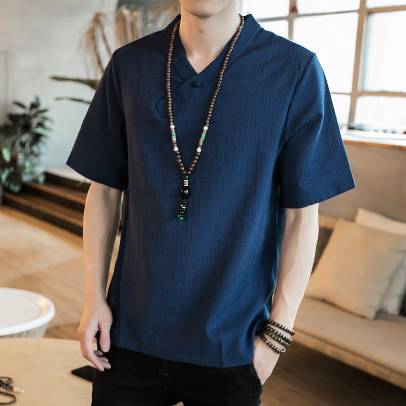 夏款中国风男装亚麻大码盘扣短袖t恤宽松复古汉服男青年圆领上衣