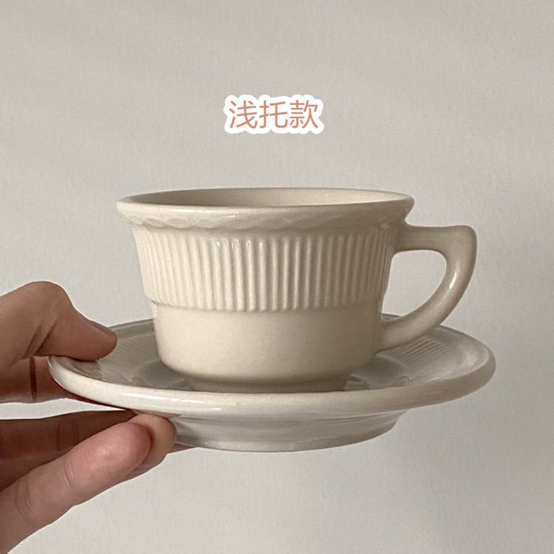 ins风复古米白色条纹陶瓷咖啡杯碟套装下午茶咖啡厅拿铁杯 浅托款